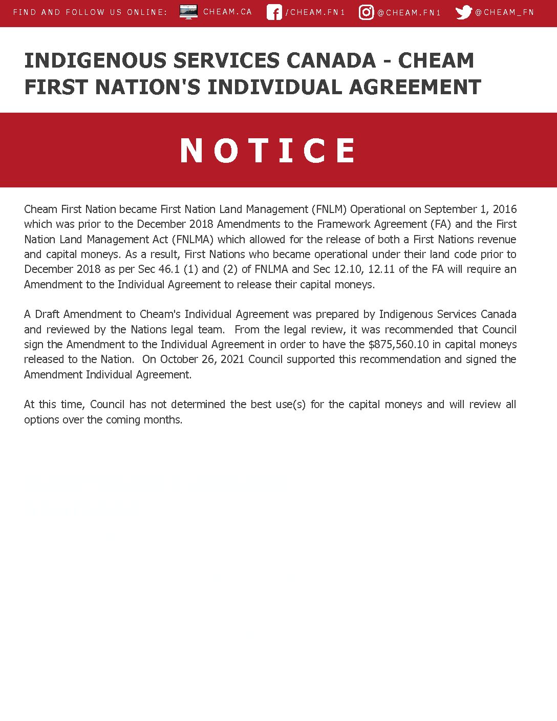 Notice – ISC – Cheam First Nation’s Individual Agreement