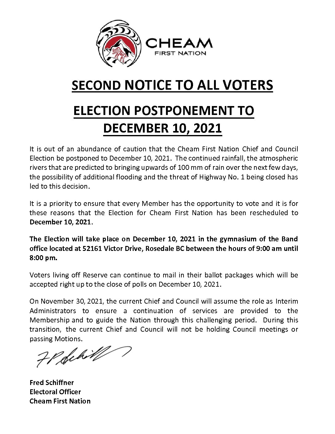 Urgent Notice: Election Postponed to December 10