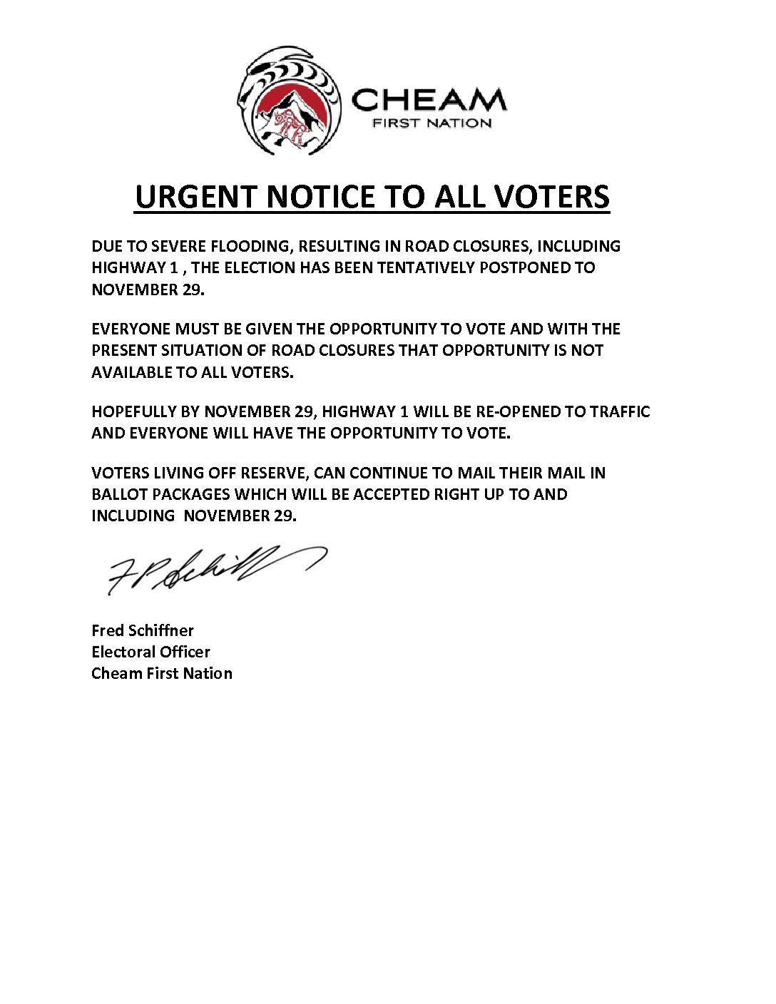 URGENT NOTICE: Election Postponed to November 29, 2021